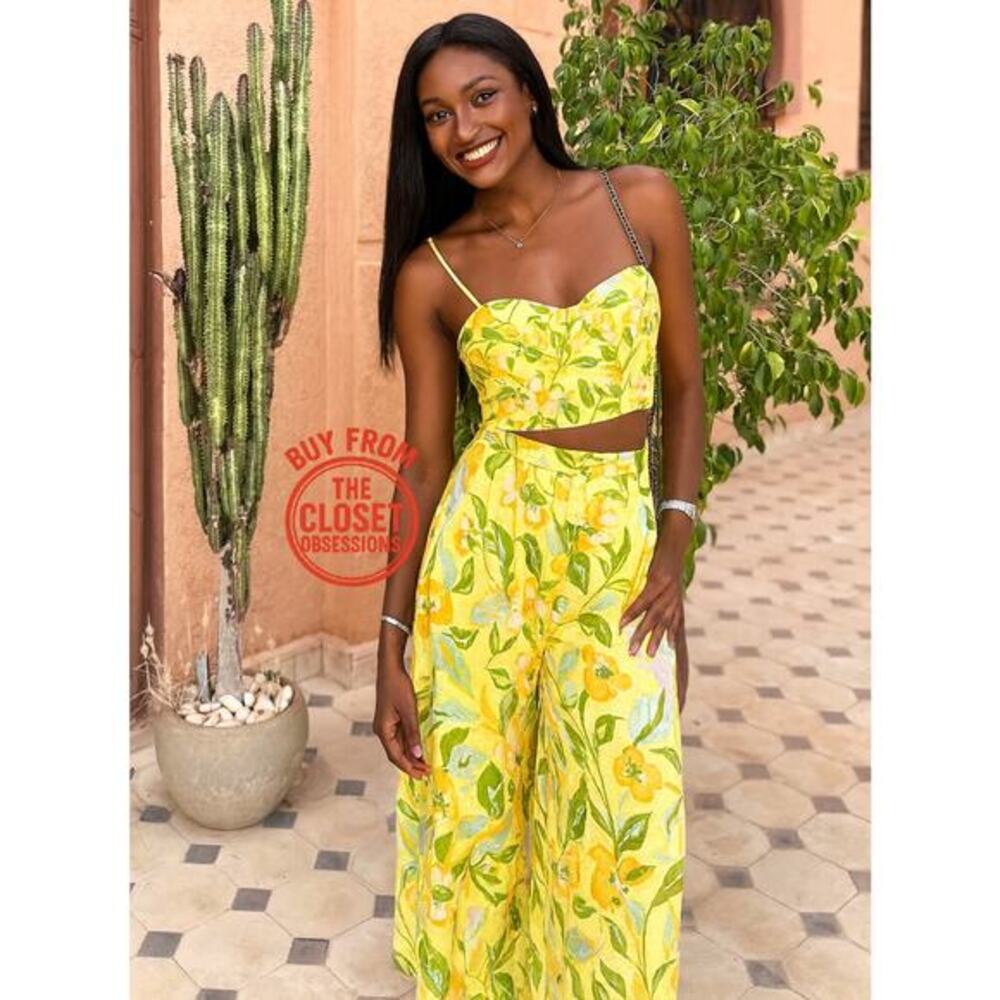 ZARA Lemon Print Two Piece Set NWT Corset Top Midi Skirt Linen Blend M